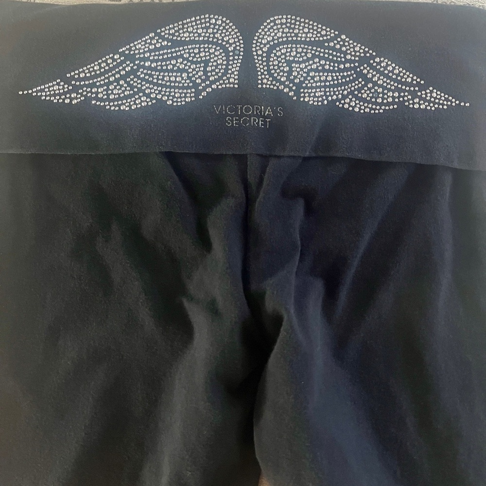 Victoria's Secret Black Fold over Leggings with Rhinestone Wings on back